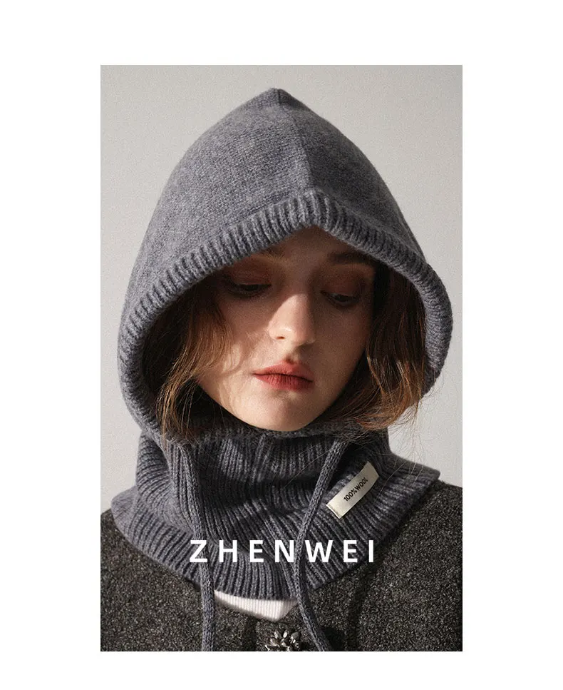 High Quality 100% Wool Slouchy Balaclava Hat for Women Knitted Scarf Hood Beanies Winter Warm Skiing Hat Outdoor Ear Protection