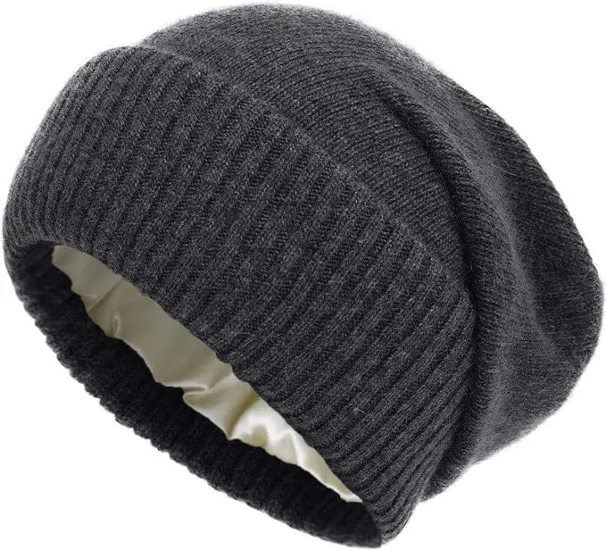 100shmere Beanie Hat for Women’s Winter Satin Lined Knitted Solid Skullies Cap Silk Lining Soft Warm Slouchy Bonnet