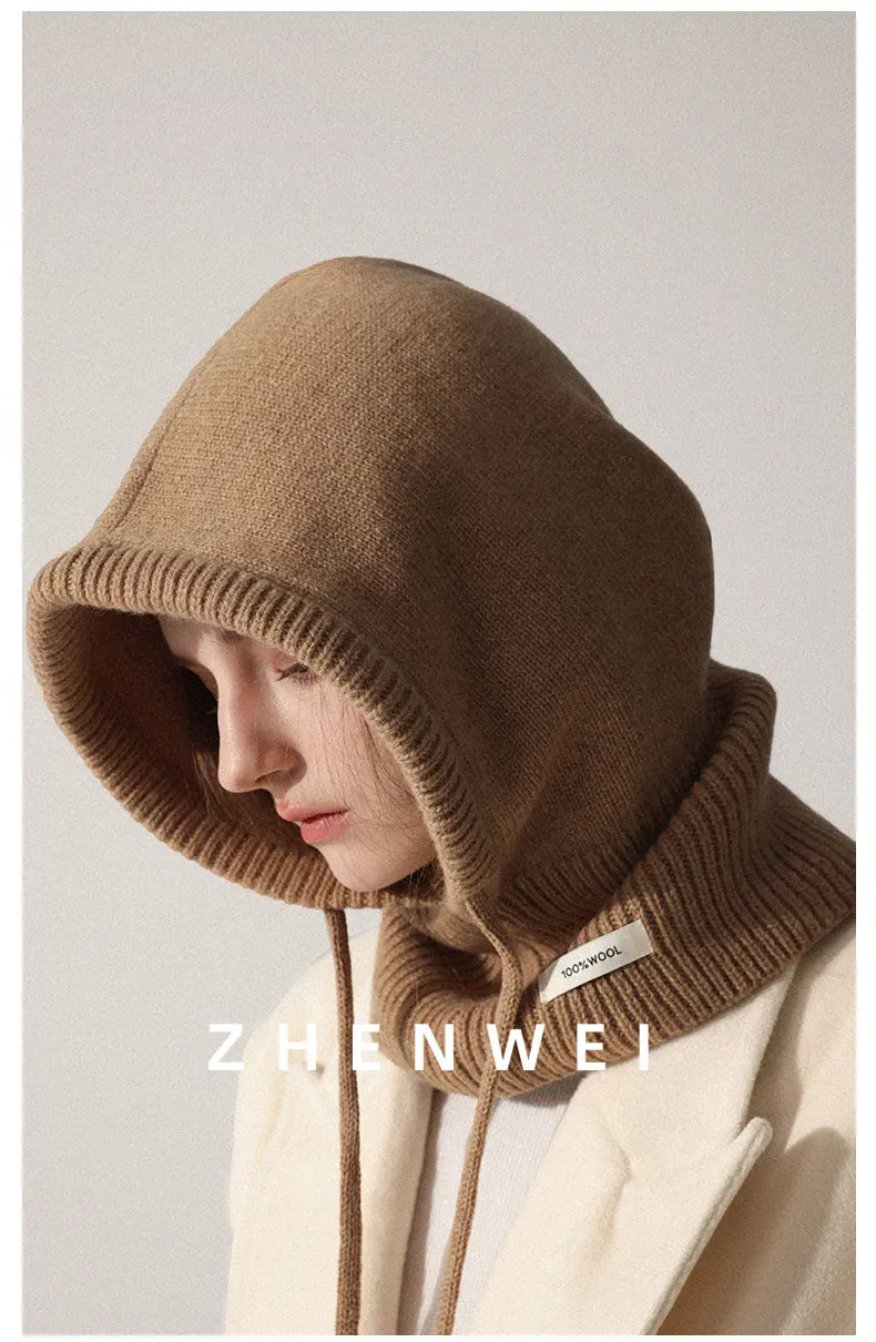 High Quality 100% Wool Slouchy Balaclava Hat for Women Knitted Scarf Hood Beanies Winter Warm Skiing Hat Outdoor Ear Protection