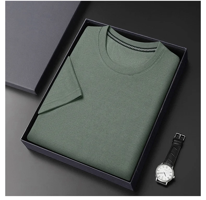 Short sleeved Polo shirShort sleeved Waffle Solid Polot fashion splicing men’s round neck top cotton daily short sleeved T-shirt