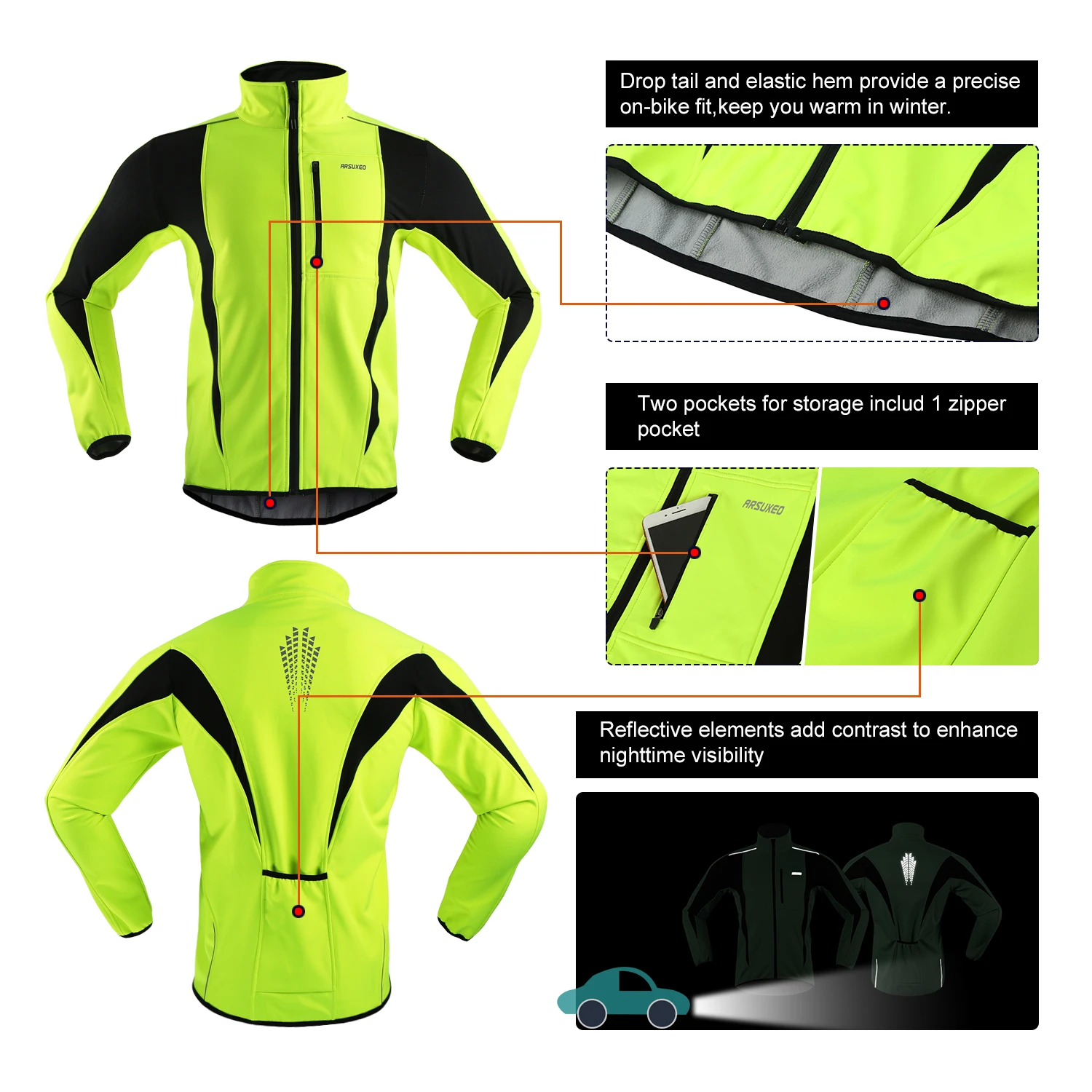 ARSUXEO Men’s Winter Cycling Jacket Thermal Fleece Softshell Windbreaker Waterproof Breathable Reflective Bicycle Clothing