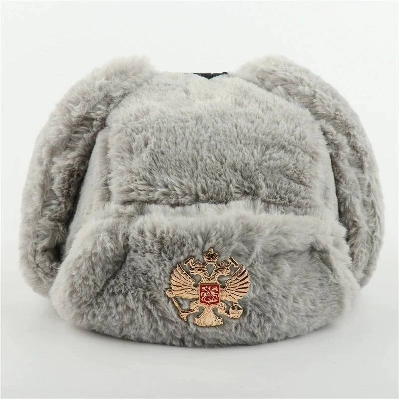 Soviet Army Military Badge Russia Ushanka Bomber Hats Pilot Trapper trooper Hat Winter Faux Rabbit Fur Earflap Men Snow Caps