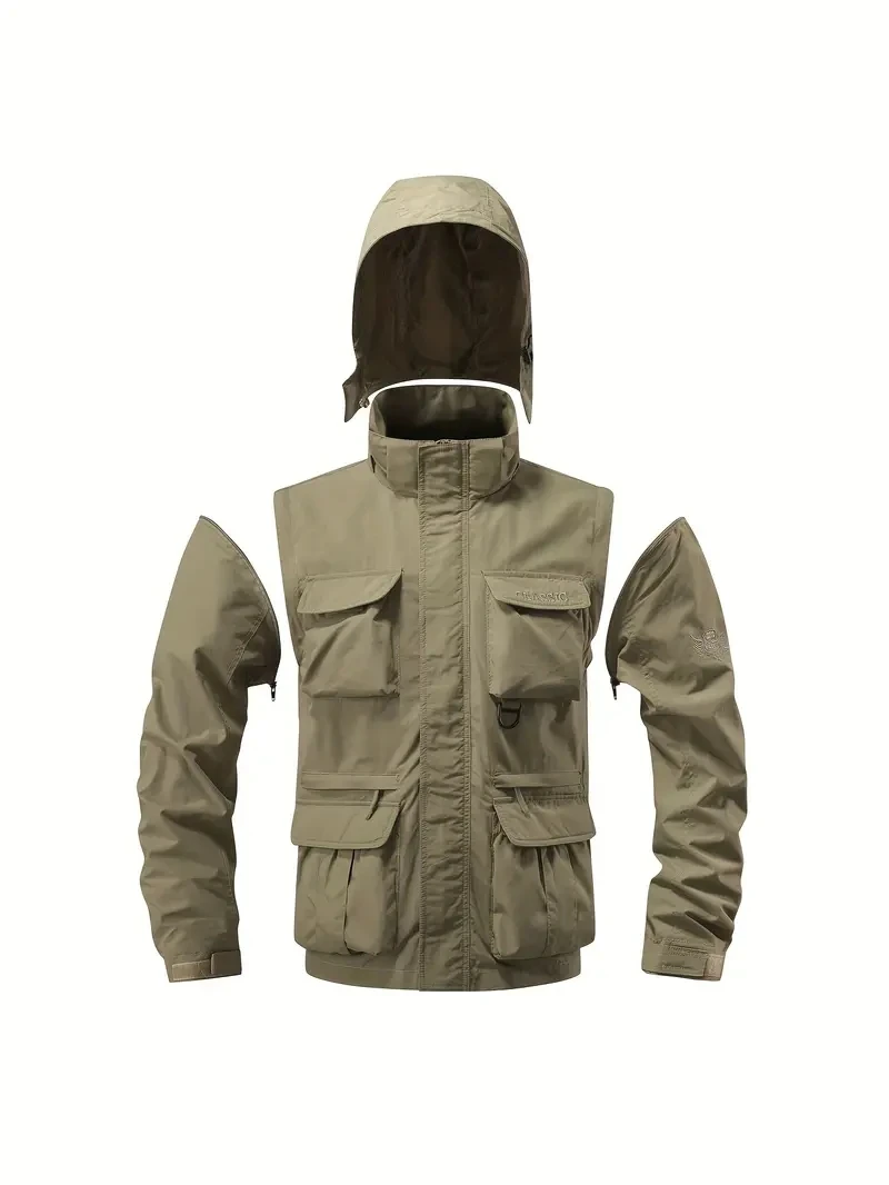 Detachable windproof sleeved hooded jacket suitable for outdoor activities men’s casual waterproof multi pocket jacket vest