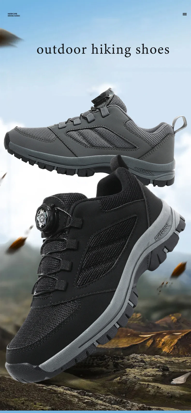 Male Sneakers Stylish Rotating Buckle Hiking Boots Solid Color Comfortable Non-slip Sporty Shoes Plus Size Men Shoes Leather