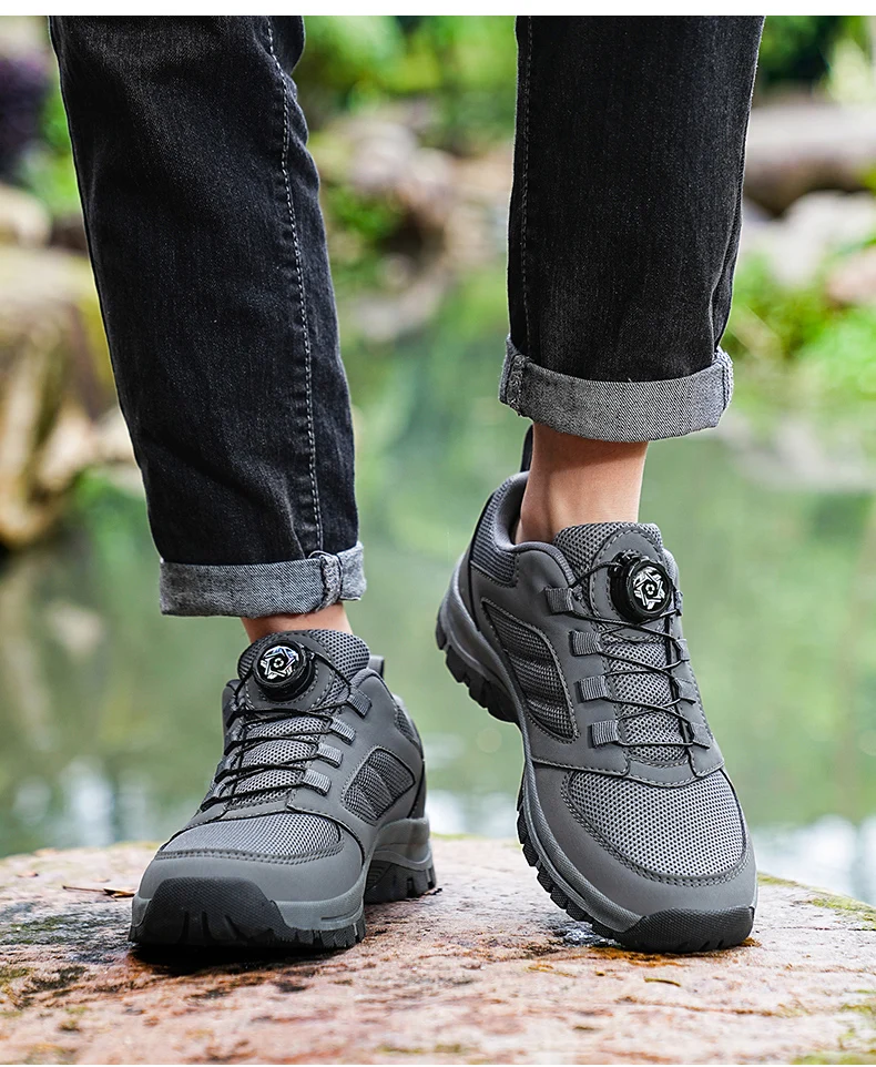 Male Sneakers Stylish Rotating Buckle Hiking Boots Solid Color Comfortable Non-slip Sporty Shoes Plus Size Men Shoes Leather