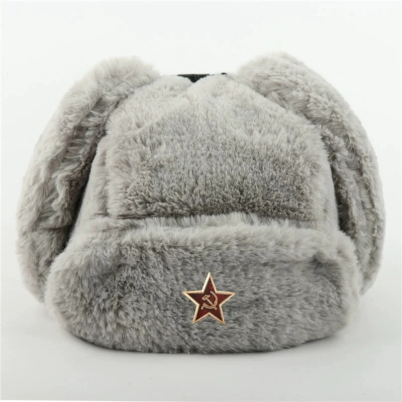Soviet Army Military Badge Russia Ushanka Bomber Hats Pilot Trapper trooper Hat Winter Faux Rabbit Fur Earflap Men Snow Caps
