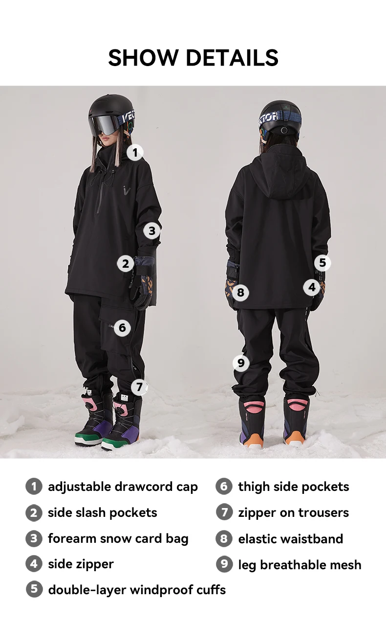 Men Women Solid Color Ski Jacket Ski Pants Warm Windproof Winter Overalls Hoodie Waterproof Outdoor Sports Clothing Snowboard