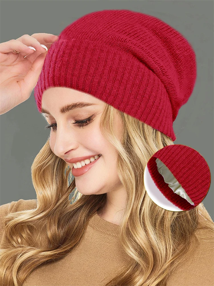 100shmere Beanie Hat for Women’s Winter Satin Lined Knitted Solid Skullies Cap Silk Lining Soft Warm Slouchy Bonnet
