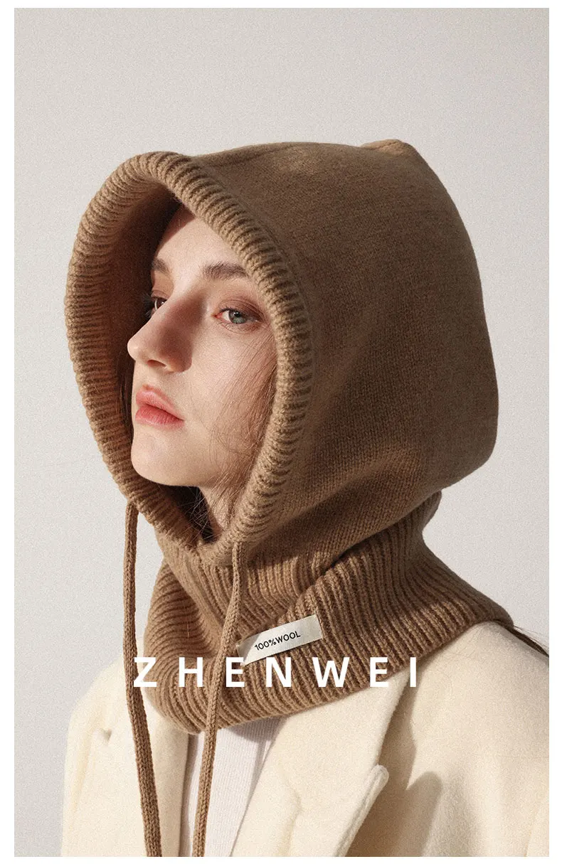 High Quality 100% Wool Slouchy Balaclava Hat for Women Knitted Scarf Hood Beanies Winter Warm Skiing Hat Outdoor Ear Protection
