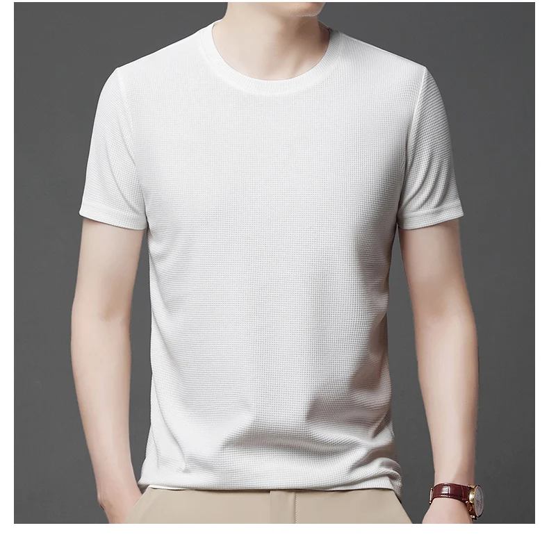 Short sleeved Polo shirShort sleeved Waffle Solid Polot fashion splicing men’s round neck top cotton daily short sleeved T-shirt