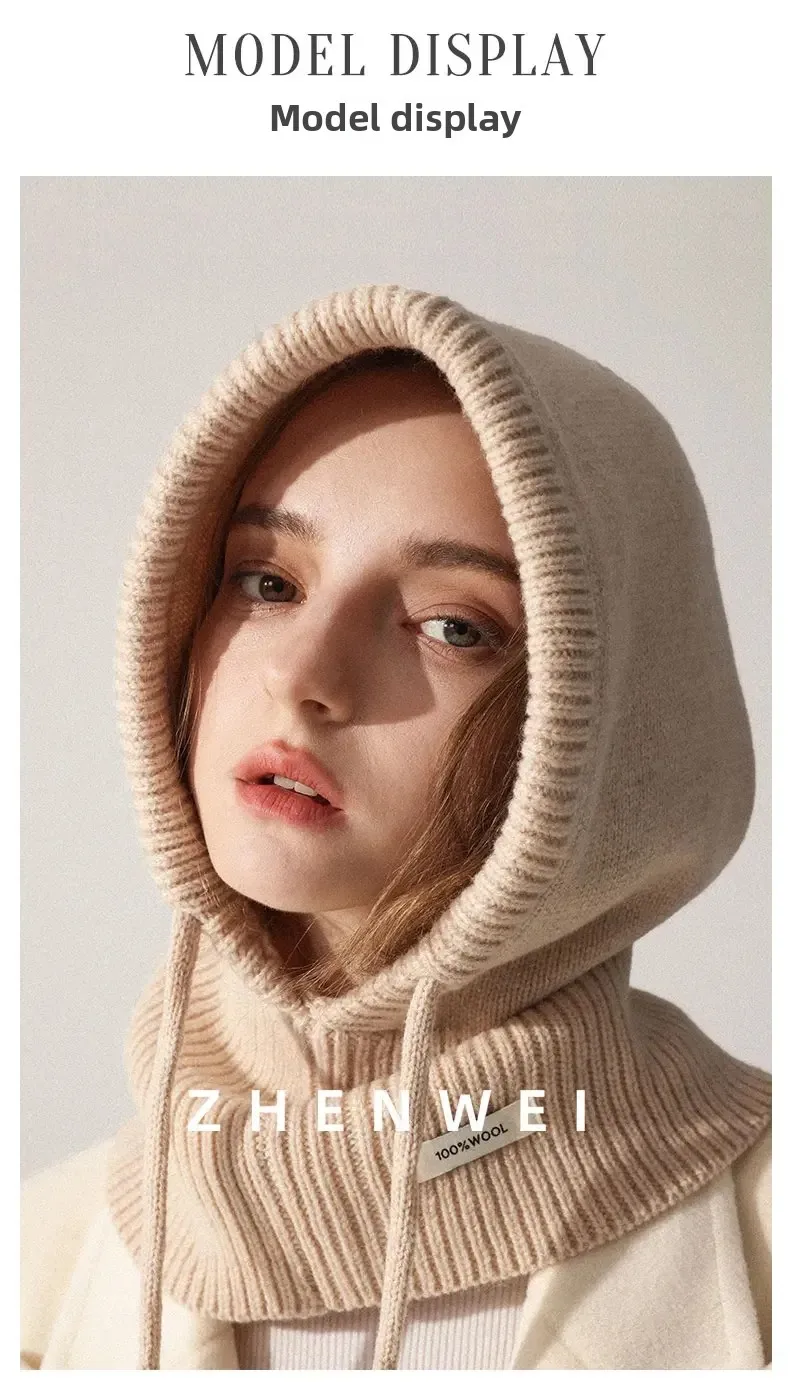 High Quality 100% Wool Slouchy Balaclava Hat for Women Knitted Scarf Hood Beanies Winter Warm Skiing Hat Outdoor Ear Protection