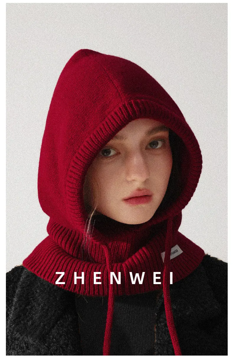 High Quality 100% Wool Slouchy Balaclava Hat for Women Knitted Scarf Hood Beanies Winter Warm Skiing Hat Outdoor Ear Protection
