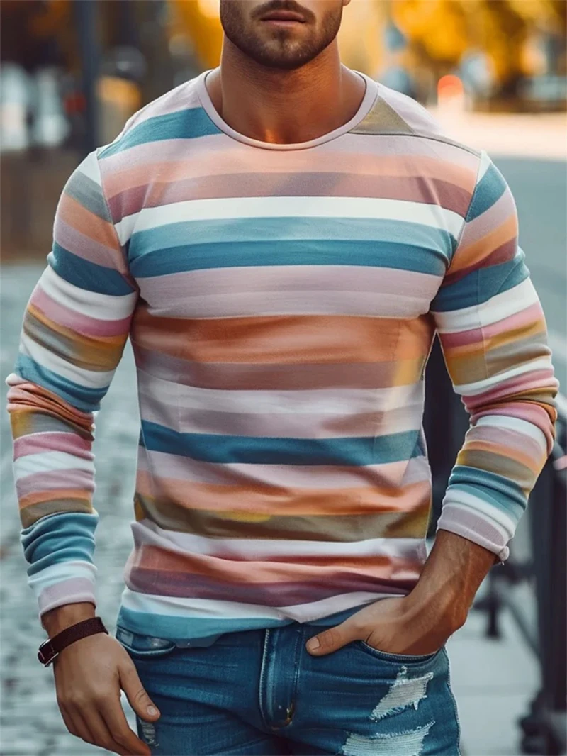 Retro Striped Graphic Long SLeeve T Shirts For Men Simple Fashion Spring Autumn 3D Printed T-shirts Casual Oversized Tees Tops