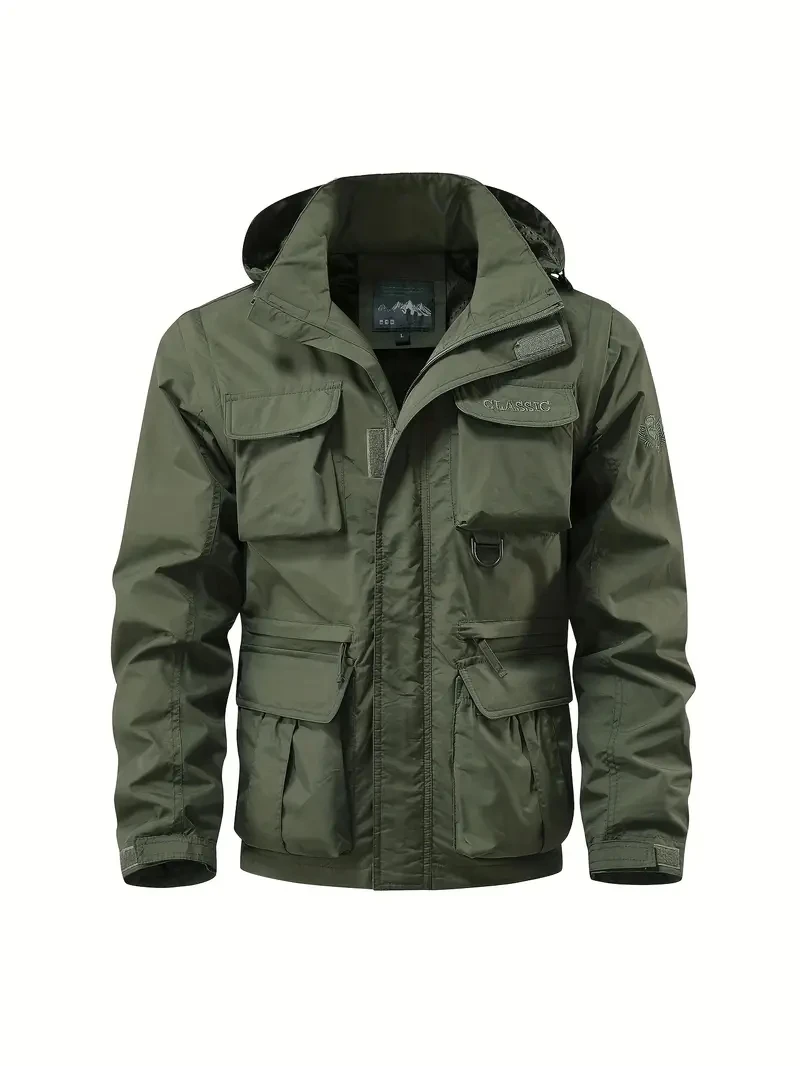 Detachable windproof sleeved hooded jacket suitable for outdoor activities men’s casual waterproof multi pocket jacket vest