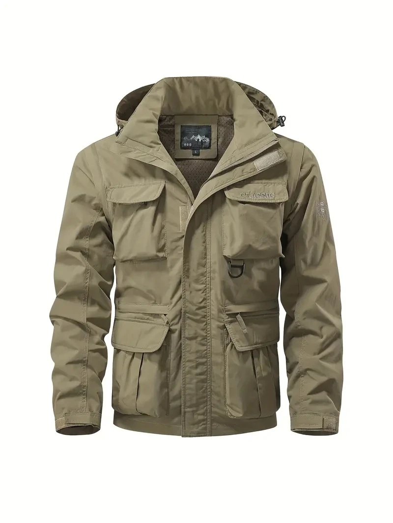 Detachable windproof sleeved hooded jacket suitable for outdoor activities men’s casual waterproof multi pocket jacket vest