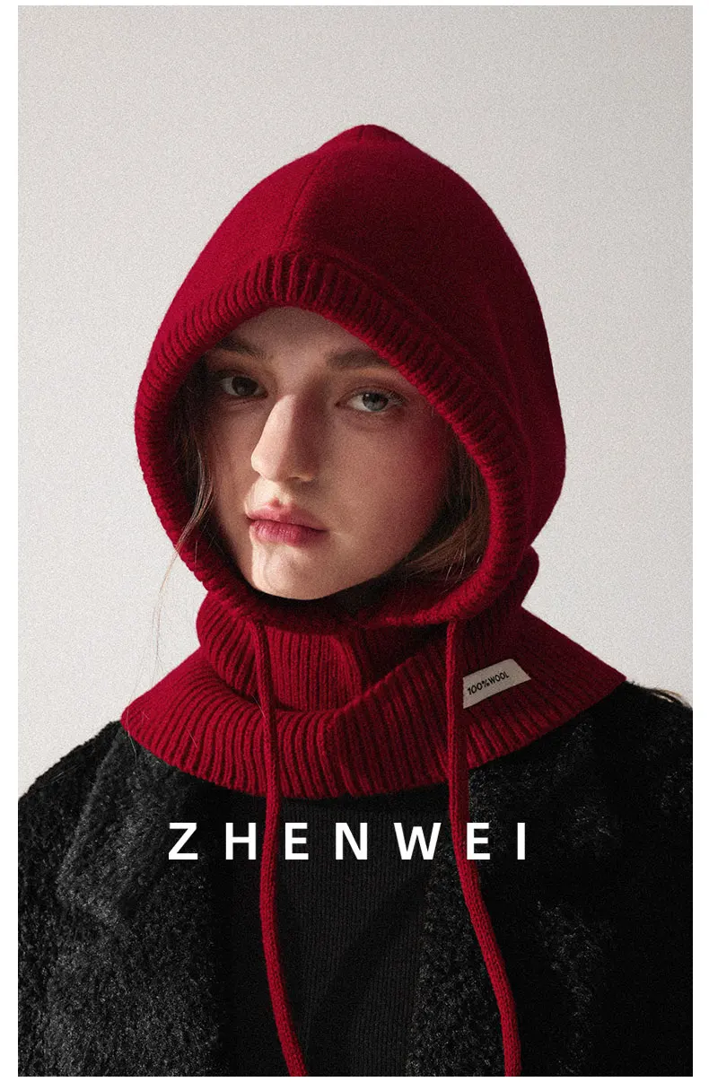 High Quality 100% Wool Slouchy Balaclava Hat for Women Knitted Scarf Hood Beanies Winter Warm Skiing Hat Outdoor Ear Protection