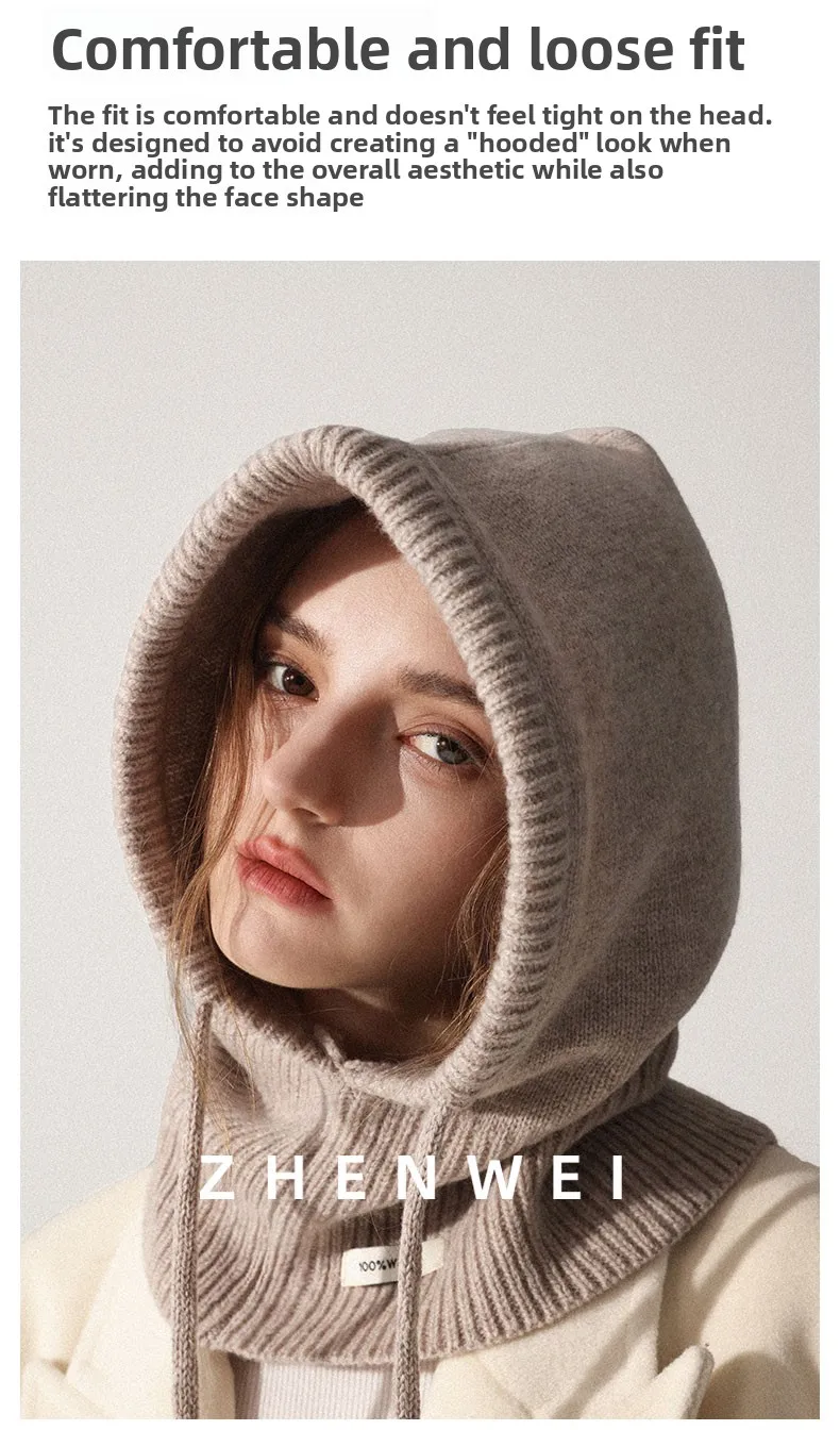 High Quality 100% Wool Slouchy Balaclava Hat for Women Knitted Scarf Hood Beanies Winter Warm Skiing Hat Outdoor Ear Protection