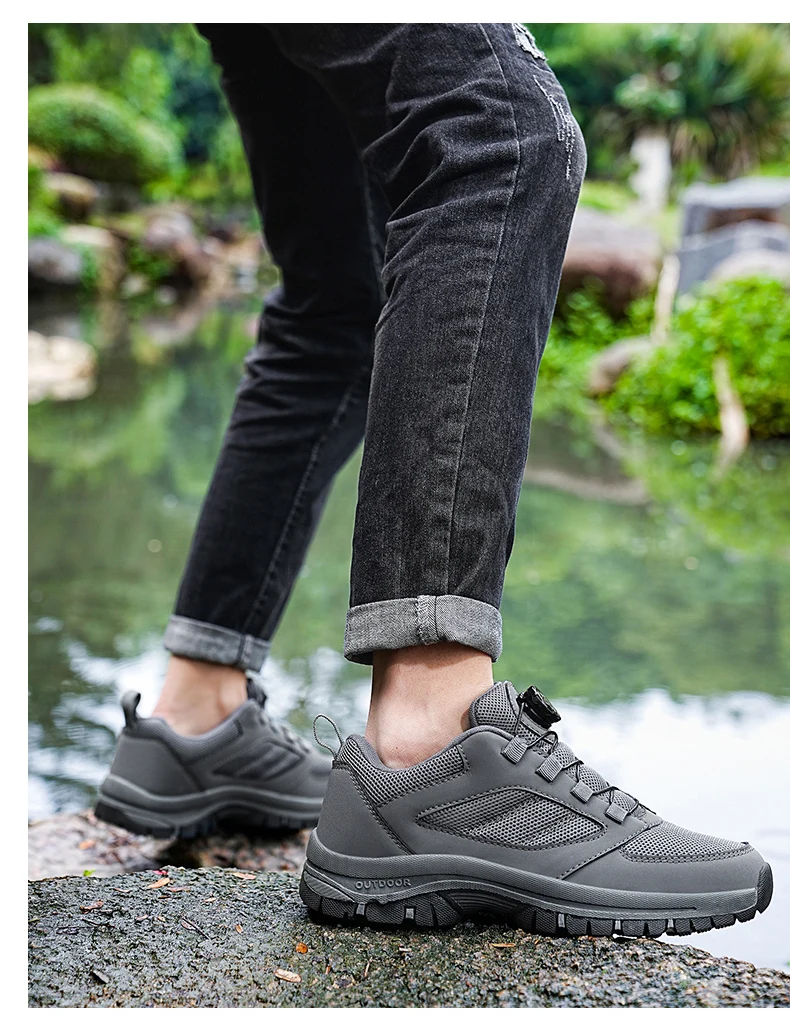 Male Sneakers Stylish Rotating Buckle Hiking Boots Solid Color Comfortable Non-slip Sporty Shoes Plus Size Men Shoes Leather