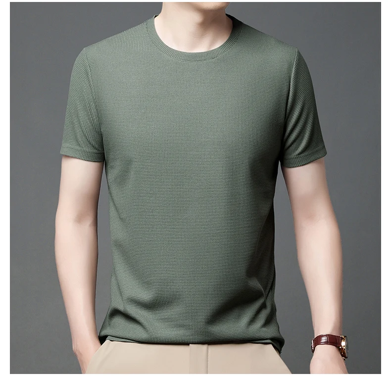 Short sleeved Polo shirShort sleeved Waffle Solid Polot fashion splicing men’s round neck top cotton daily short sleeved T-shirt