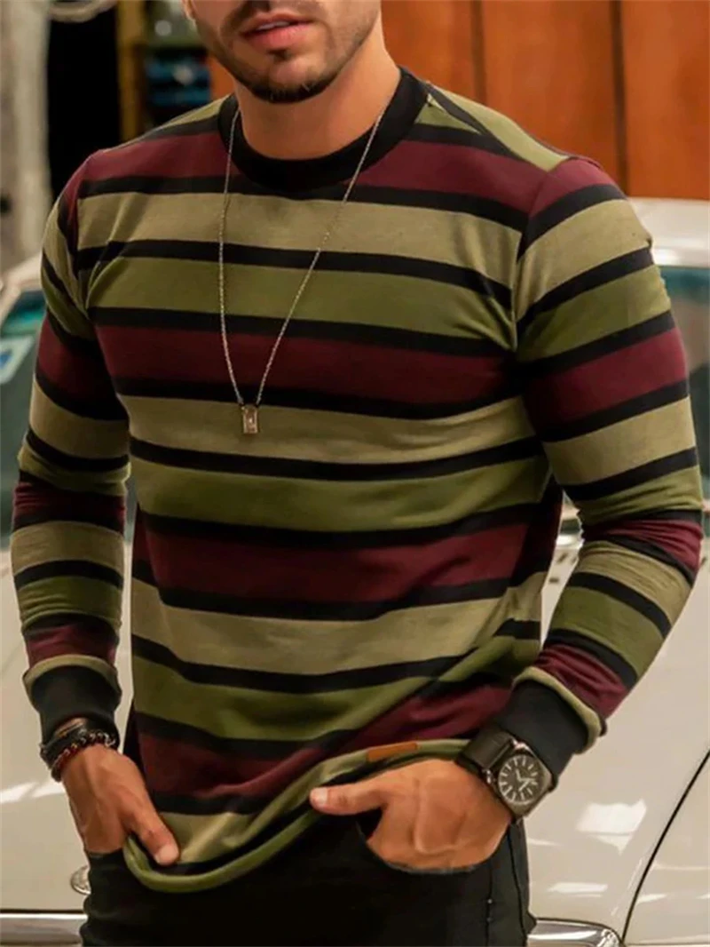 Retro Striped Graphic Long SLeeve T Shirts For Men Simple Fashion Spring Autumn 3D Printed T-shirts Casual Oversized Tees Tops