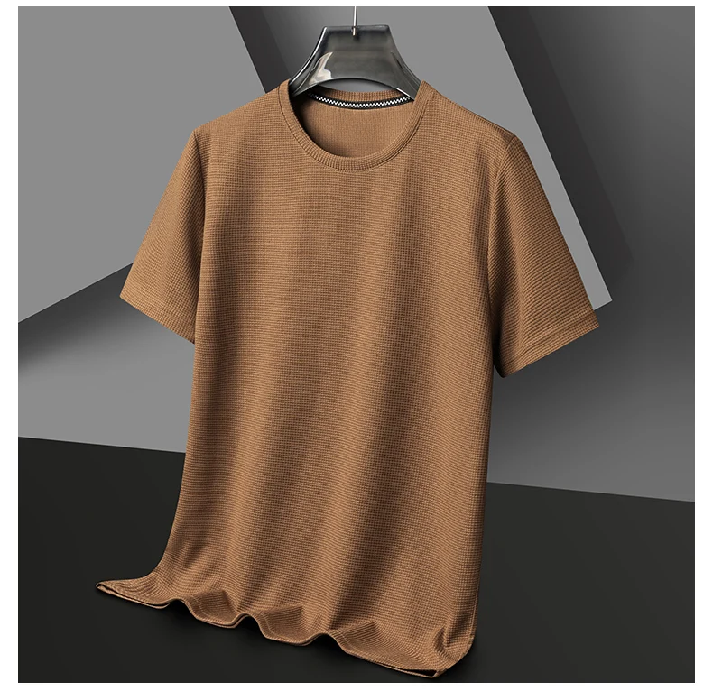 Short sleeved Polo shirShort sleeved Waffle Solid Polot fashion splicing men’s round neck top cotton daily short sleeved T-shirt