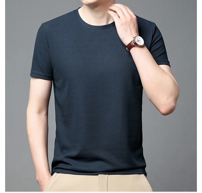 Short sleeved Polo shirShort sleeved Waffle Solid Polot fashion splicing men’s round neck top cotton daily short sleeved T-shirt