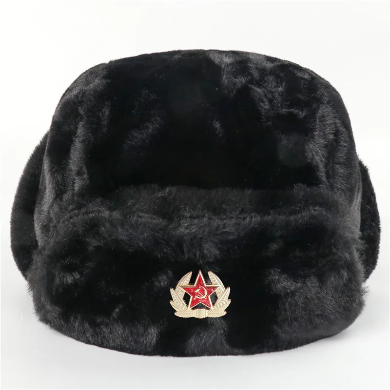 Soviet Army Military Badge Russia Ushanka Bomber Hats Pilot Trapper trooper Hat Winter Faux Rabbit Fur Earflap Men Snow Caps