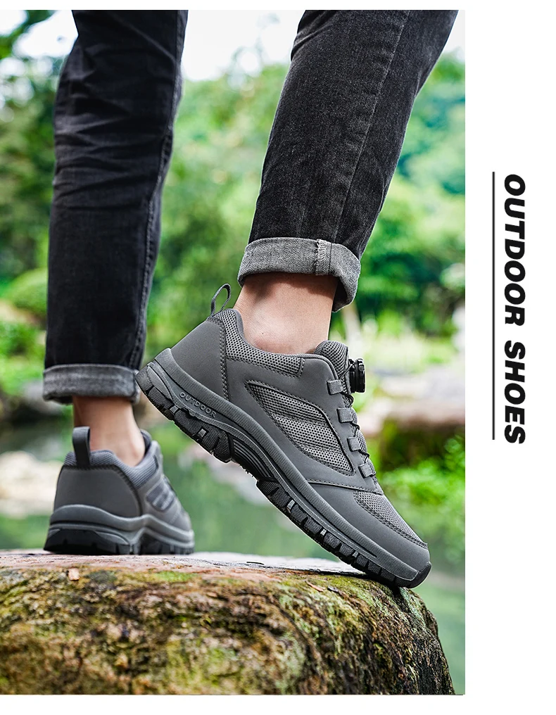 Male Sneakers Stylish Rotating Buckle Hiking Boots Solid Color Comfortable Non-slip Sporty Shoes Plus Size Men Shoes Leather