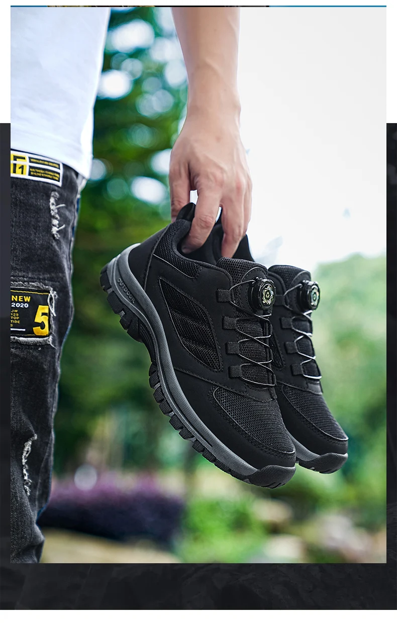 Male Sneakers Stylish Rotating Buckle Hiking Boots Solid Color Comfortable Non-slip Sporty Shoes Plus Size Men Shoes Leather