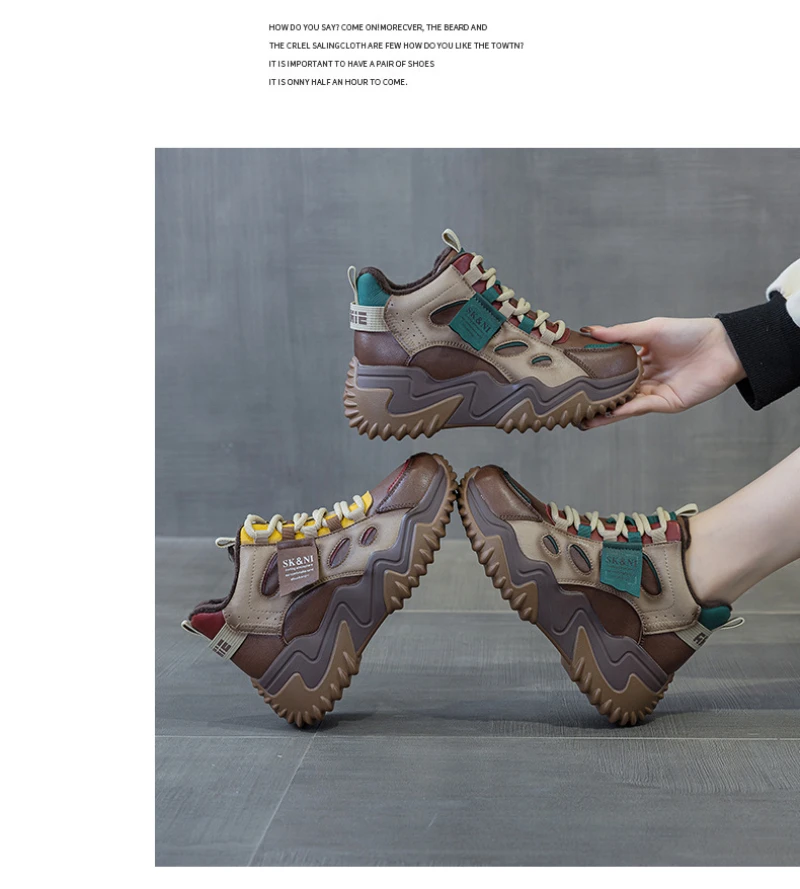 Womens Brown Green Color Block High Top Chunky Platform Dad Sneakers Fleece Lined Lace Up Height Increasing Warm Sports Shoes