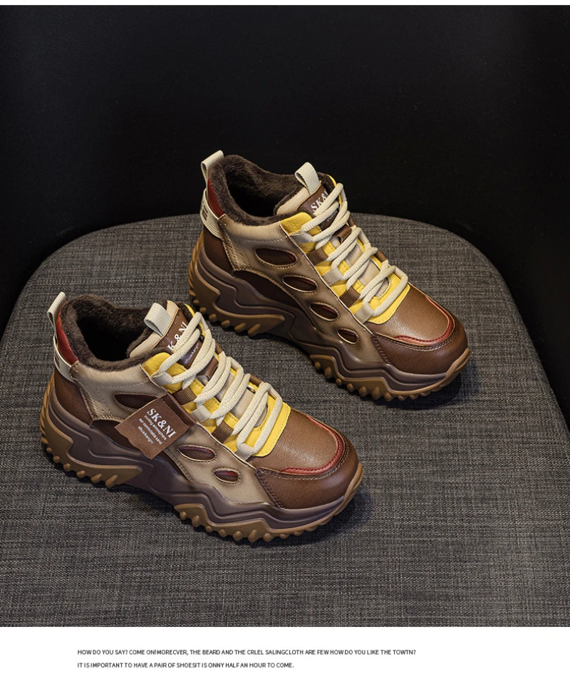 Womens Brown Green Color Block High Top Chunky Platform Dad Sneakers Fleece Lined Lace Up Height Increasing Warm Sports Shoes