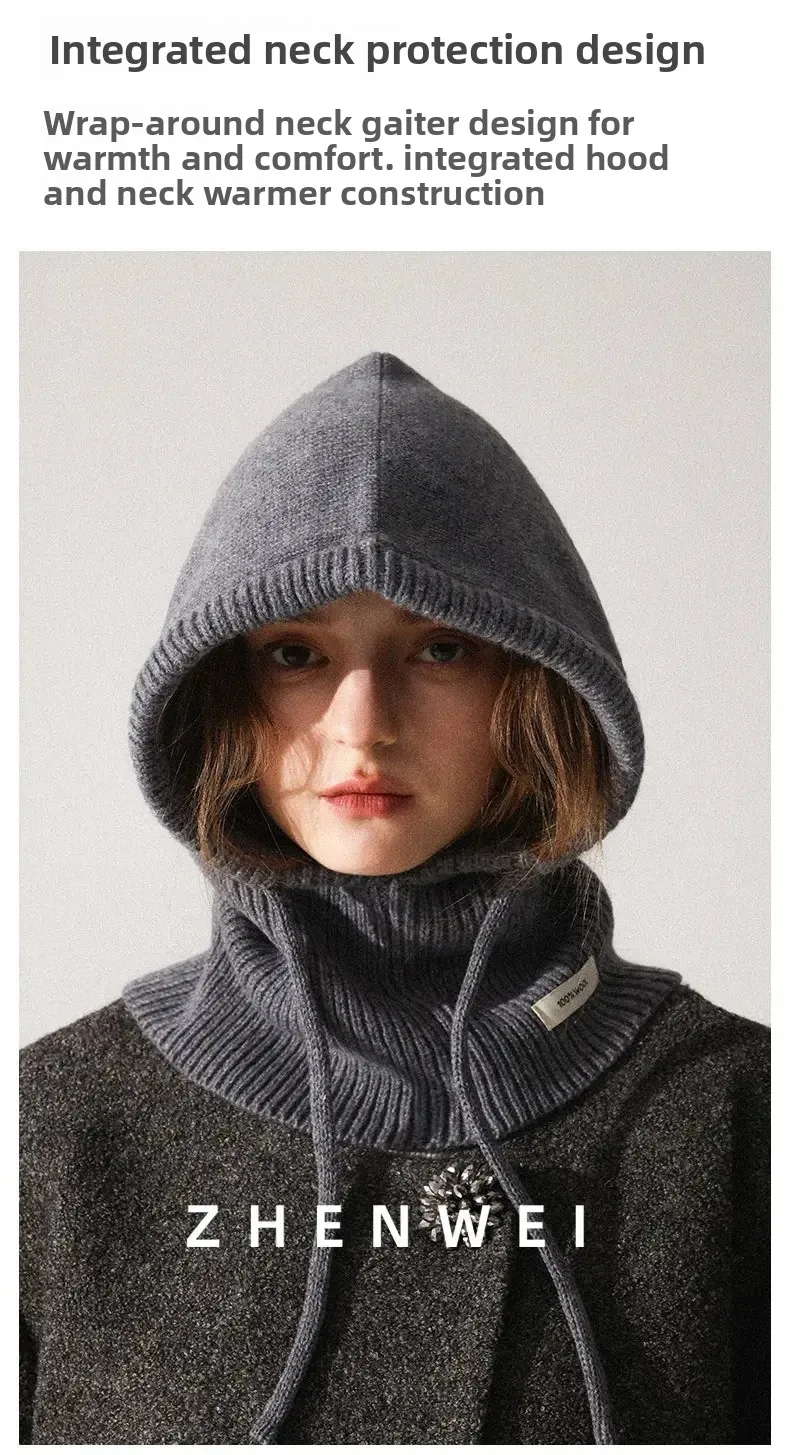 High Quality 100% Wool Slouchy Balaclava Hat for Women Knitted Scarf Hood Beanies Winter Warm Skiing Hat Outdoor Ear Protection