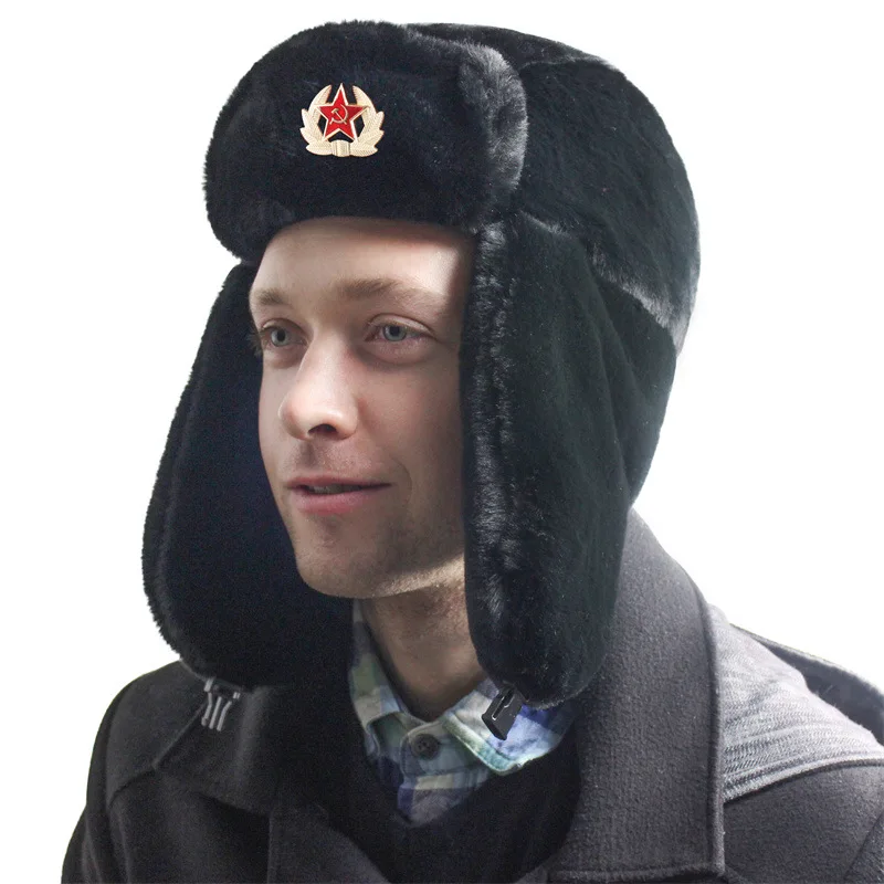 Soviet Army Military Badge Russia Ushanka Bomber Hats Pilot Trapper trooper Hat Winter Faux Rabbit Fur Earflap Men Snow Caps