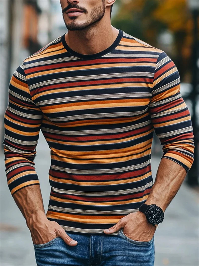 Retro Striped Graphic Long SLeeve T Shirts For Men Simple Fashion Spring Autumn 3D Printed T-shirts Casual Oversized Tees Tops