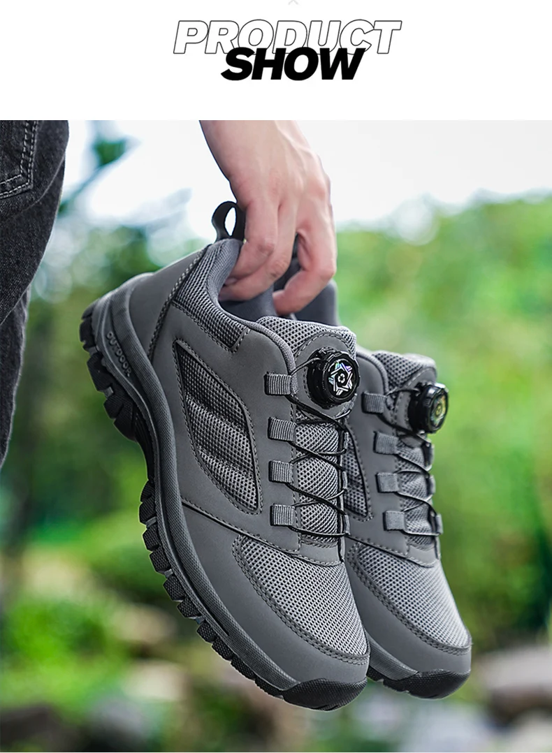 Male Sneakers Stylish Rotating Buckle Hiking Boots Solid Color Comfortable Non-slip Sporty Shoes Plus Size Men Shoes Leather