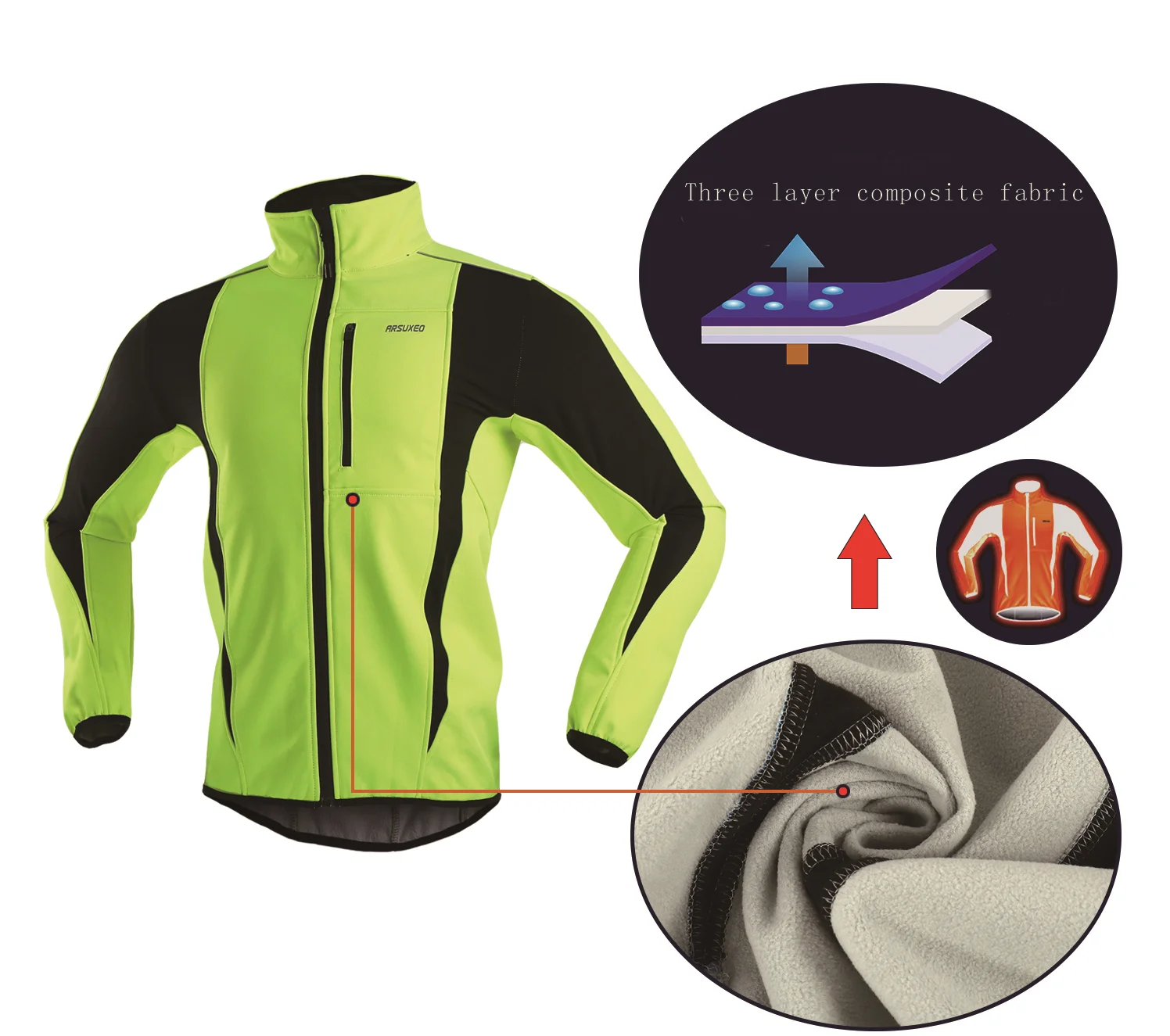 ARSUXEO Men’s Winter Cycling Jacket Thermal Fleece Softshell Windbreaker Waterproof Breathable Reflective Bicycle Clothing