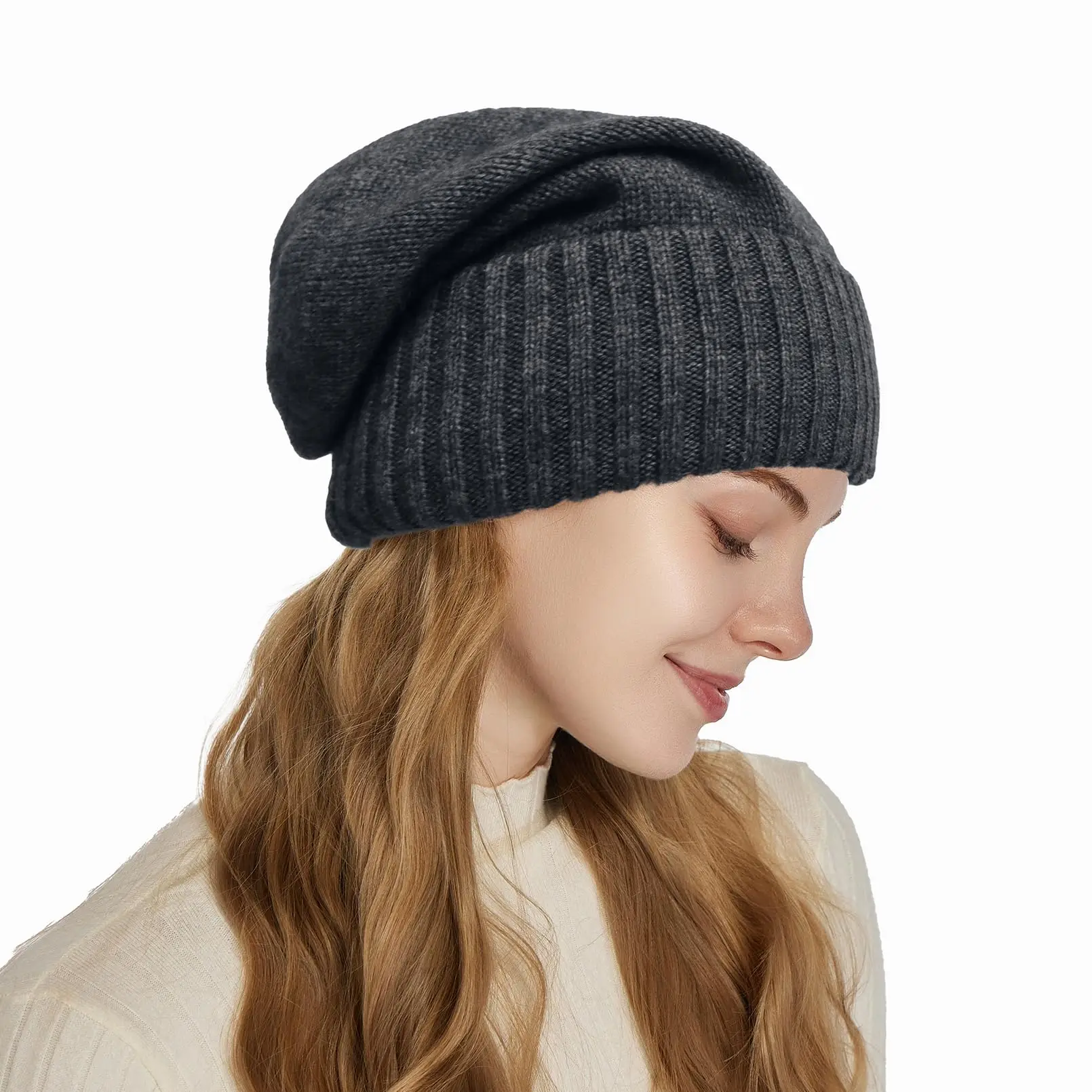 100shmere Beanie Hat for Women’s Winter Satin Lined Knitted Solid Skullies Cap Silk Lining Soft Warm Slouchy Bonnet