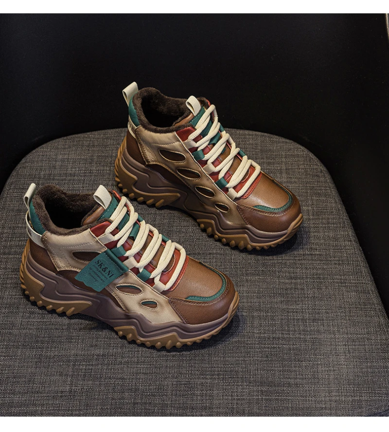 Womens Brown Green Color Block High Top Chunky Platform Dad Sneakers Fleece Lined Lace Up Height Increasing Warm Sports Shoes