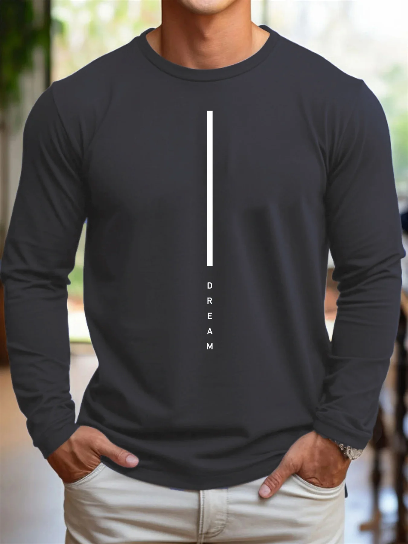 Men’s 100% pure cotton loose fit plus size comfortable casual DREAM letter printed round neck long sleeved T-shirt top