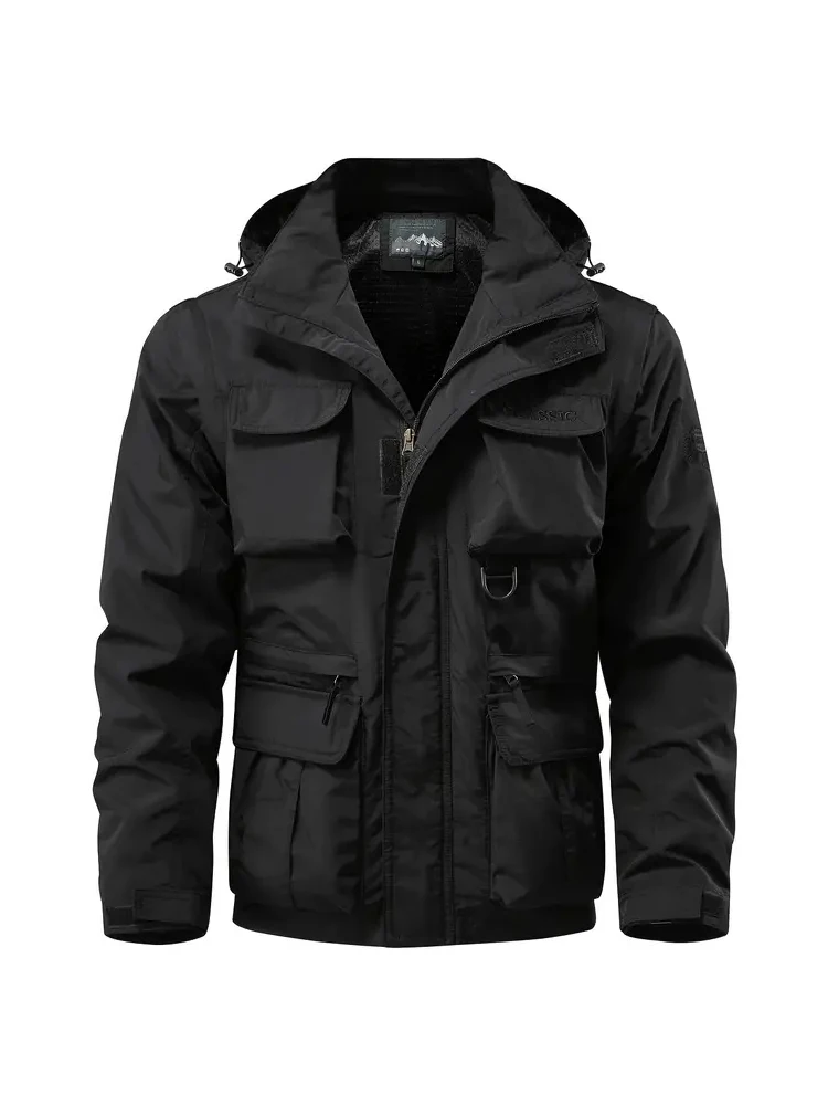 Detachable windproof sleeved hooded jacket suitable for outdoor activities men’s casual waterproof multi pocket jacket vest