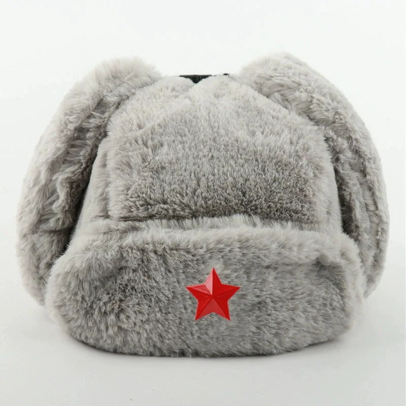 Soviet Army Military Badge Russia Ushanka Bomber Hats Pilot Trapper trooper Hat Winter Faux Rabbit Fur Earflap Men Snow Caps