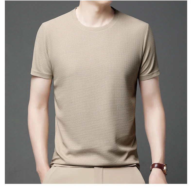 Short sleeved Polo shirShort sleeved Waffle Solid Polot fashion splicing men’s round neck top cotton daily short sleeved T-shirt
