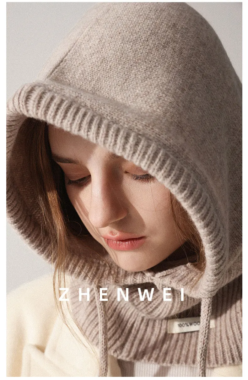 High Quality 100% Wool Slouchy Balaclava Hat for Women Knitted Scarf Hood Beanies Winter Warm Skiing Hat Outdoor Ear Protection