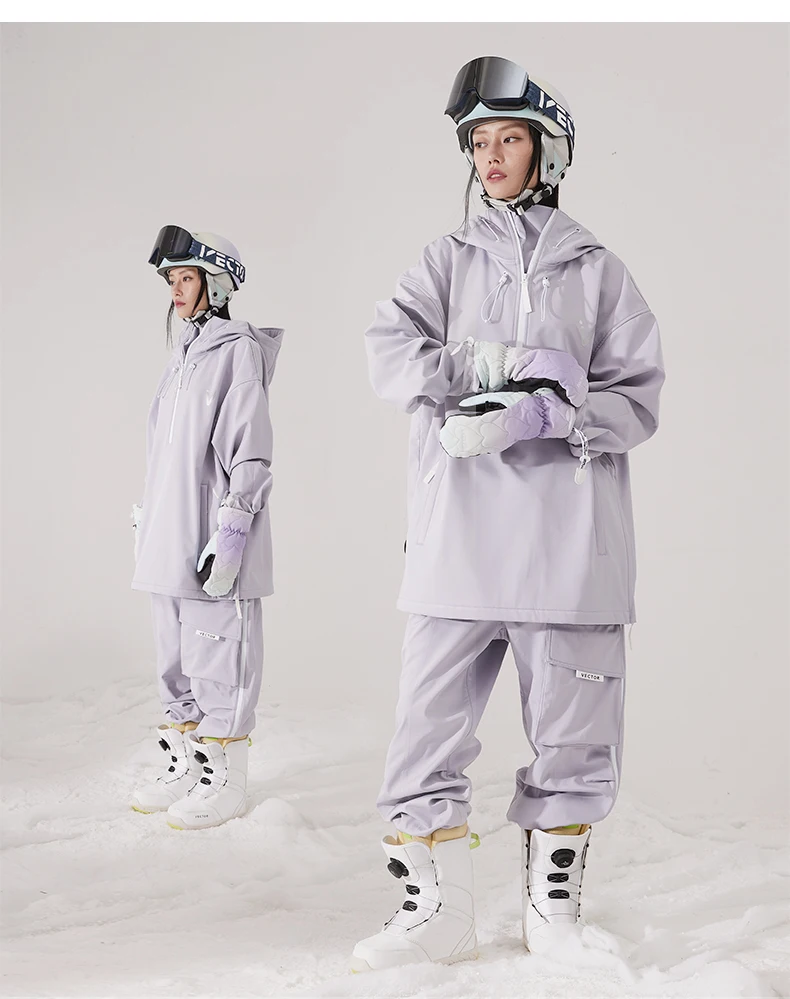 Men Women Solid Color Ski Jacket Ski Pants Warm Windproof Winter Overalls Hoodie Waterproof Outdoor Sports Clothing Snowboard