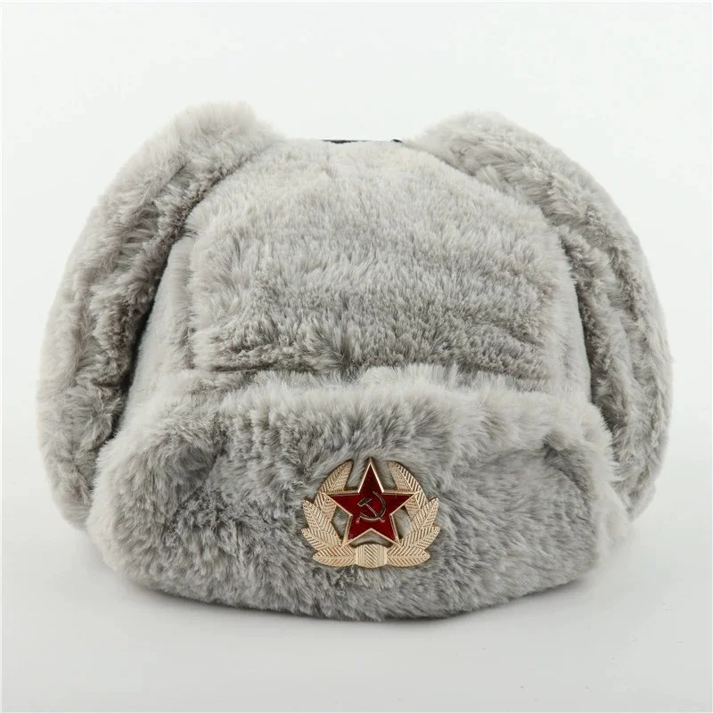 Soviet Army Military Badge Russia Ushanka Bomber Hats Pilot Trapper trooper Hat Winter Faux Rabbit Fur Earflap Men Snow Caps